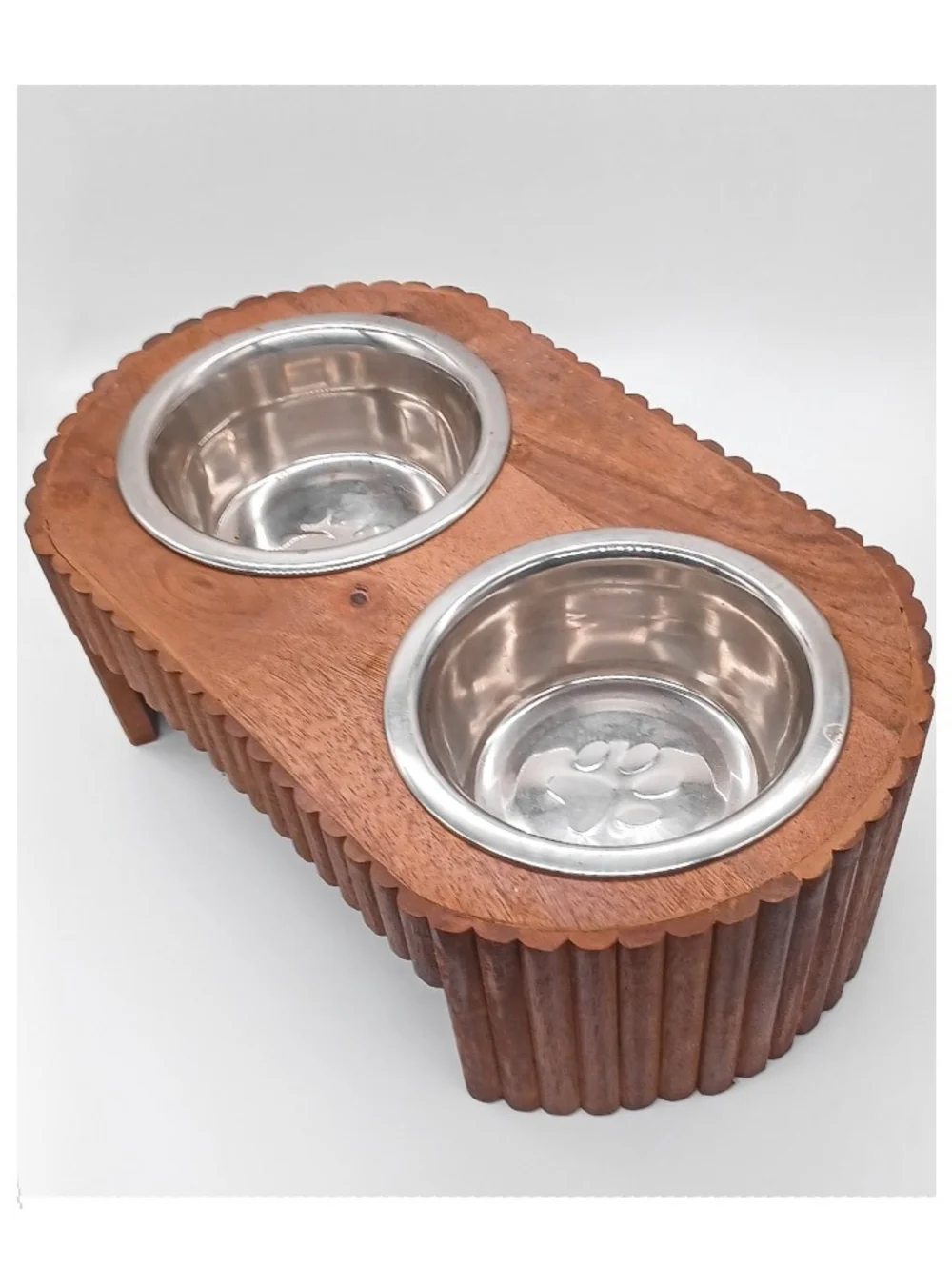 New Elevated Stainless Steel Double Dog Bowls With Custom Wood Stand ~ Natural